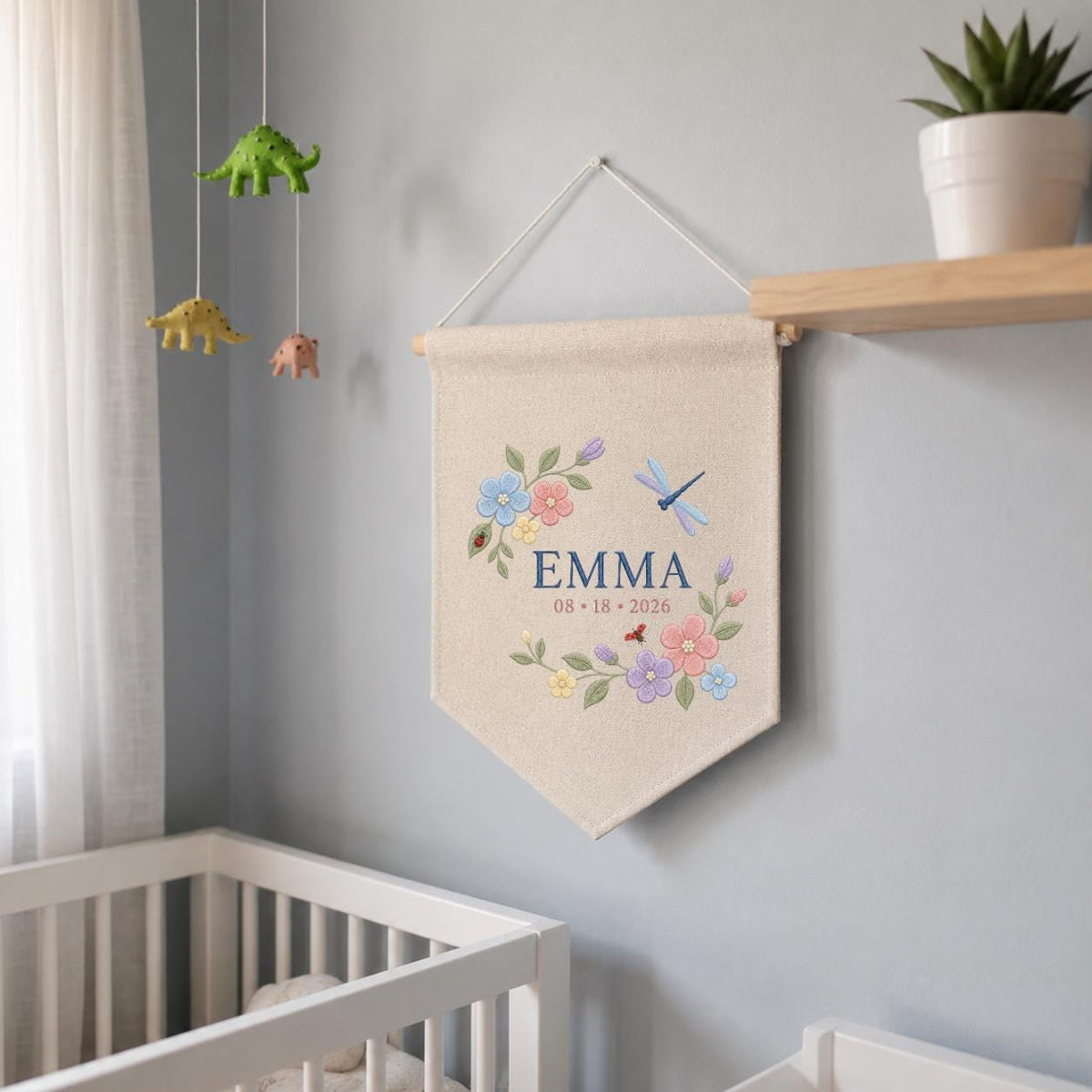 Custom Floral Embroidered Banner, Personalized Name Wall Hanging, Linen Fabric, Grow With Grace 2026