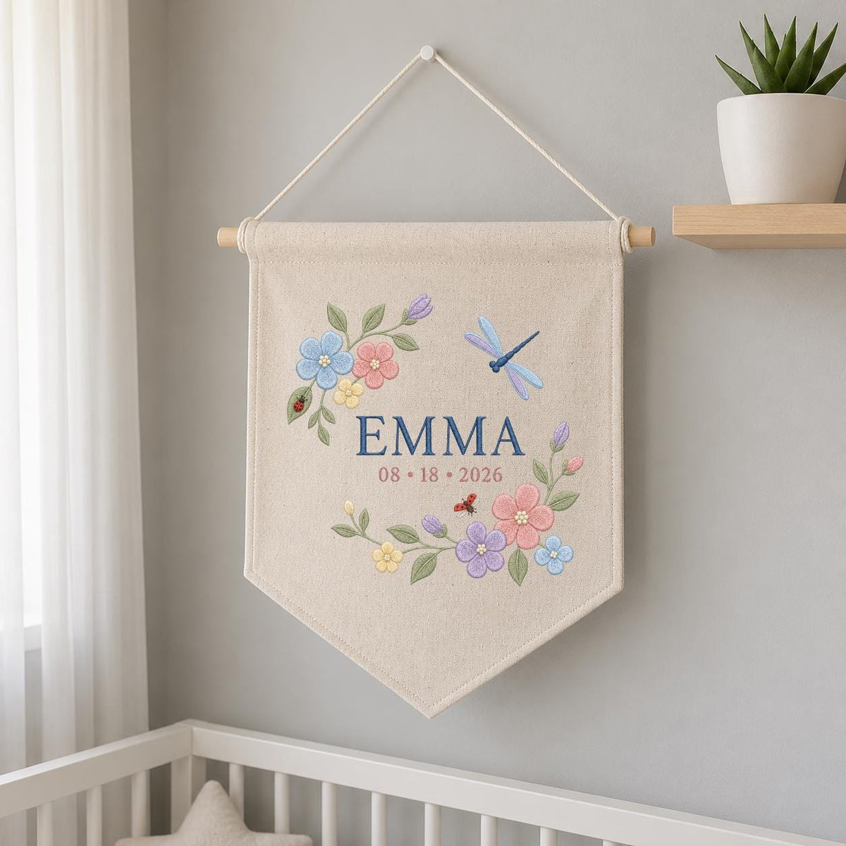 Custom Floral Embroidered Banner, Personalized Name Wall Hanging, Linen Fabric, Grow With Grace 2026