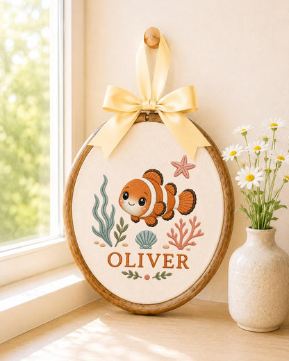 Personalized Clownfish Embroidered Ornament, Custom Baby Name Hoop, Ocean Nursery Decor, Sea Life Baby Gift, Newborn Keepsake