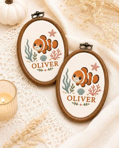 Personalized Clownfish Embroidered Ornament, Custom Baby Name Hoop, Ocean Nursery Decor, Sea Life Baby Gift, Newborn Keepsake