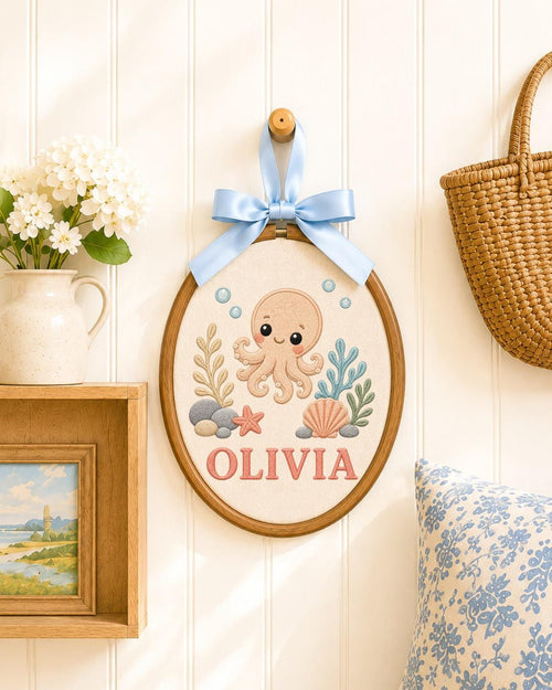 Personalized Octopus Embroidered Ornament, Custom Baby Name Hoop, Ocean Nursery Decor, Sea Life Baby Gift, Under the Sea Keepsake
