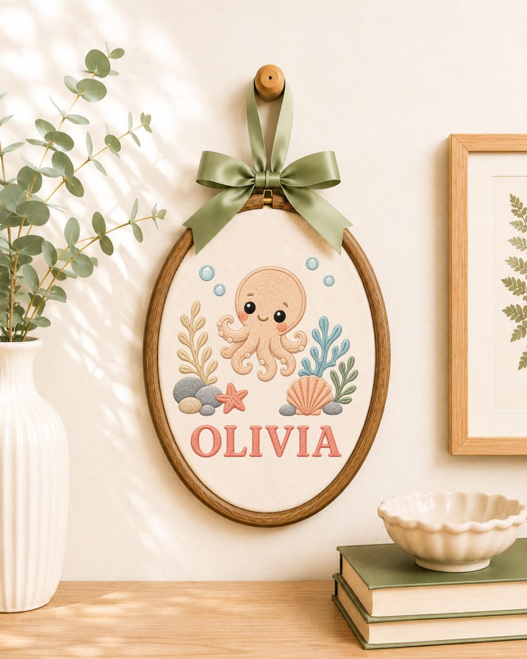 Personalized Octopus Embroidered Ornament, Custom Baby Name Hoop, Ocean Nursery Decor, Sea Life Baby Gift, Under the Sea Keepsake