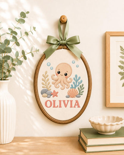 Personalized Octopus Embroidered Ornament, Custom Baby Name Hoop, Ocean Nursery Decor, Sea Life Baby Gift, Under the Sea Keepsake