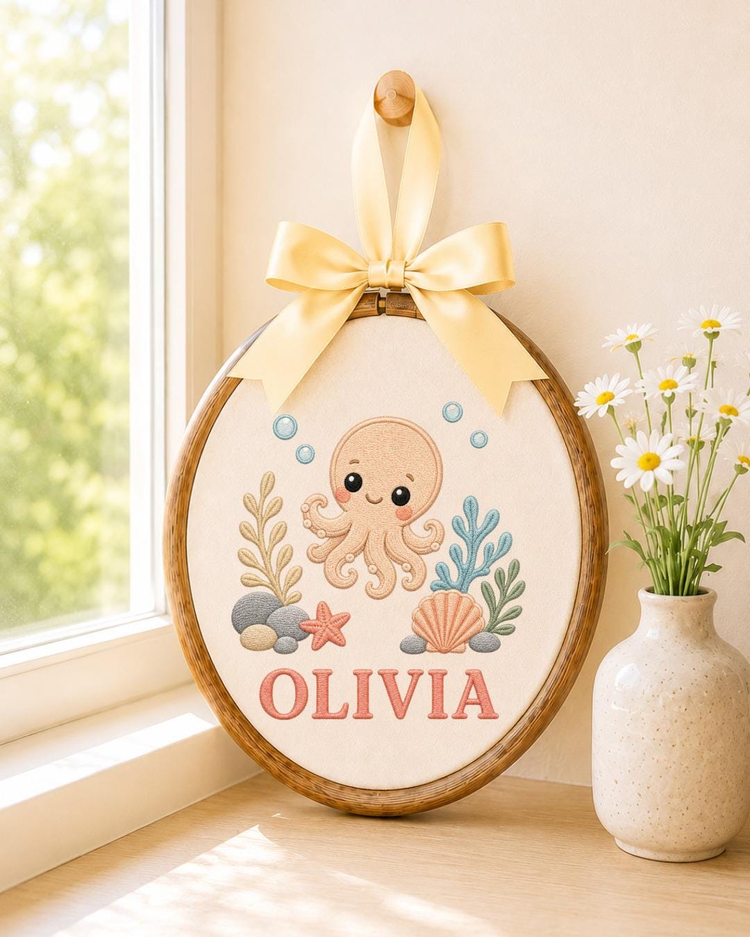 Personalized Octopus Embroidered Ornament, Custom Baby Name Hoop, Ocean Nursery Decor, Sea Life Baby Gift, Under the Sea Keepsake