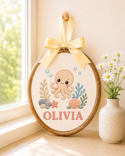 Personalized Octopus Embroidered Ornament, Custom Baby Name Hoop, Ocean Nursery Decor, Sea Life Baby Gift, Under the Sea Keepsake