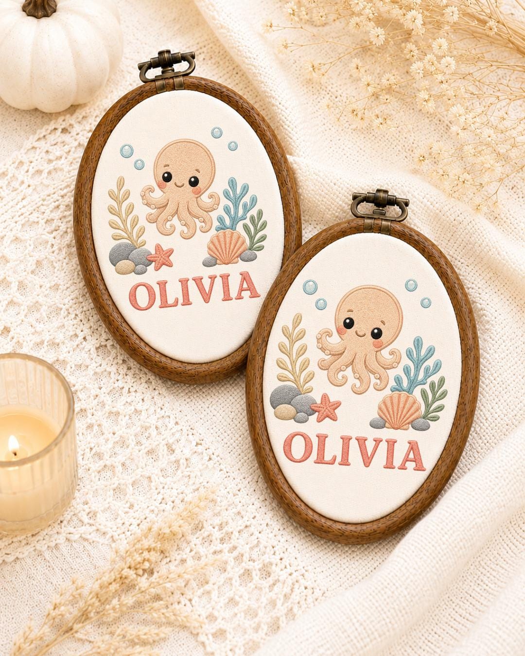 Personalized Octopus Embroidered Ornament, Custom Baby Name Hoop, Ocean Nursery Decor, Sea Life Baby Gift, Under the Sea Keepsake