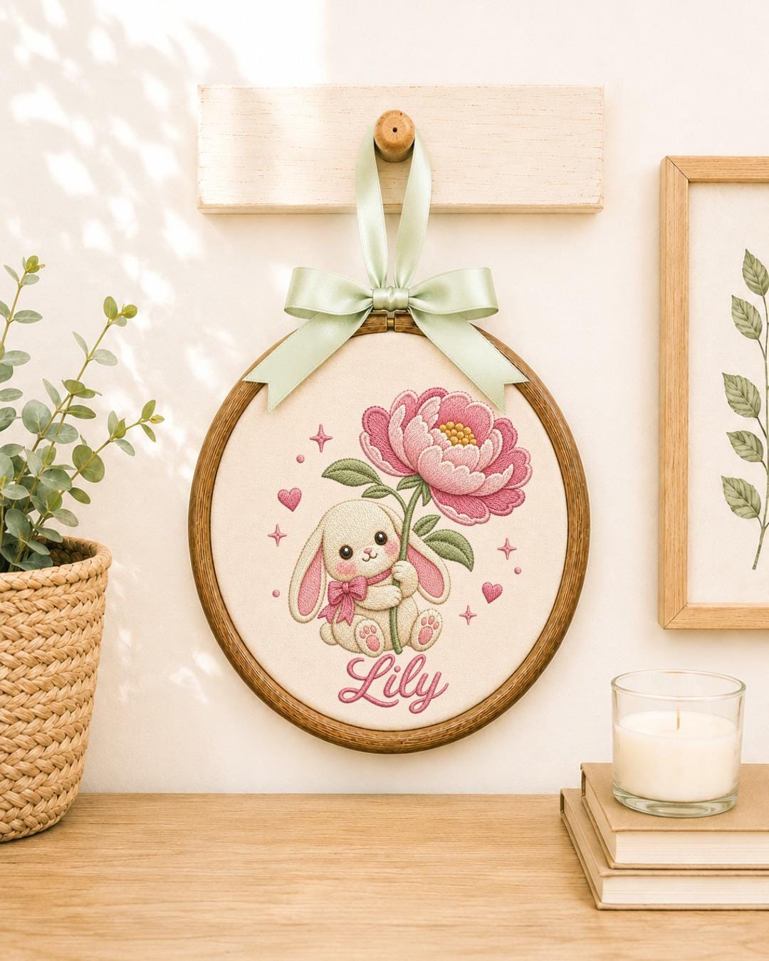 Personalized Bunny Flower Embroidered Ornament, Custom Baby Name Hoop, Pink Floral Rabbit Nursery Decor, Baby Girl Gift, Newborn Keepsake