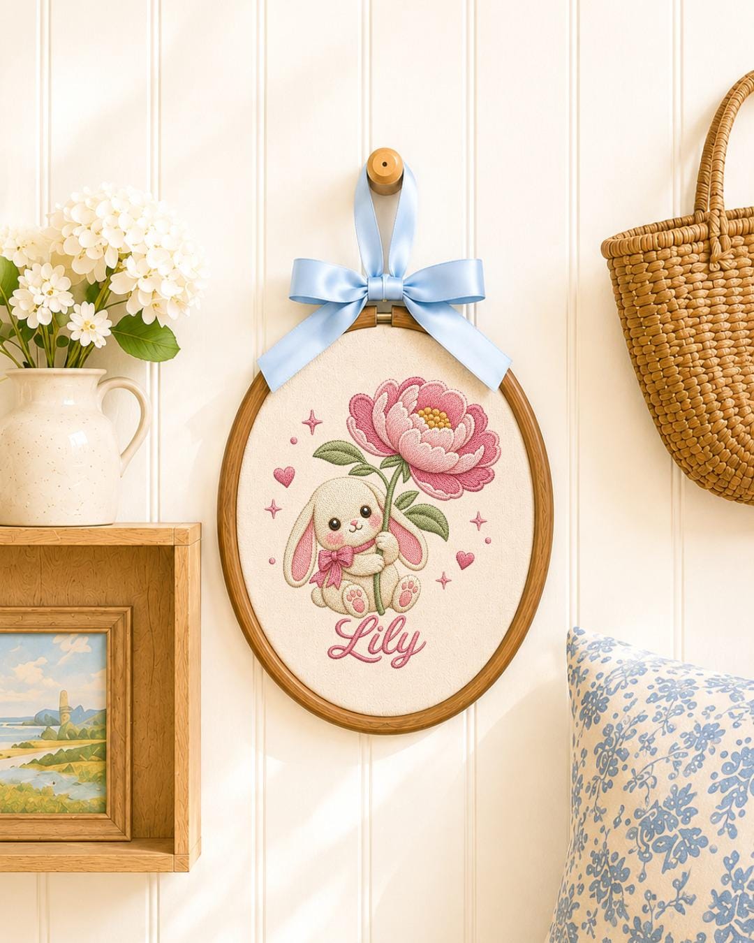 Personalized Bunny Flower Embroidered Ornament, Custom Baby Name Hoop, Pink Floral Rabbit Nursery Decor, Baby Girl Gift, Newborn Keepsake