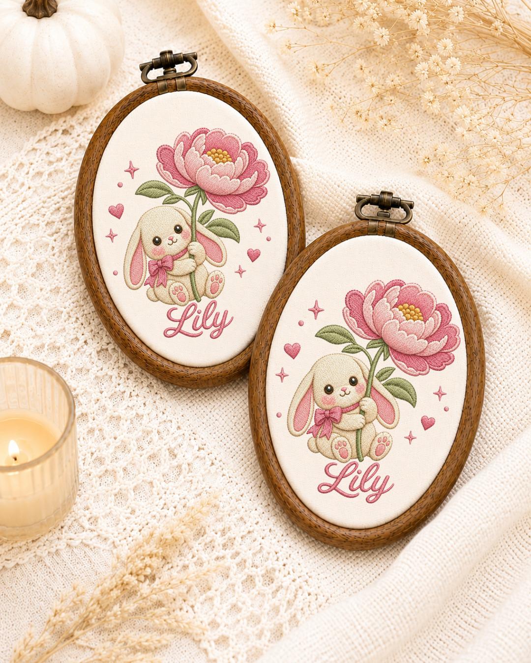 Personalized Bunny Flower Embroidered Ornament, Custom Baby Name Hoop, Pink Floral Rabbit Nursery Decor, Baby Girl Gift, Newborn Keepsake