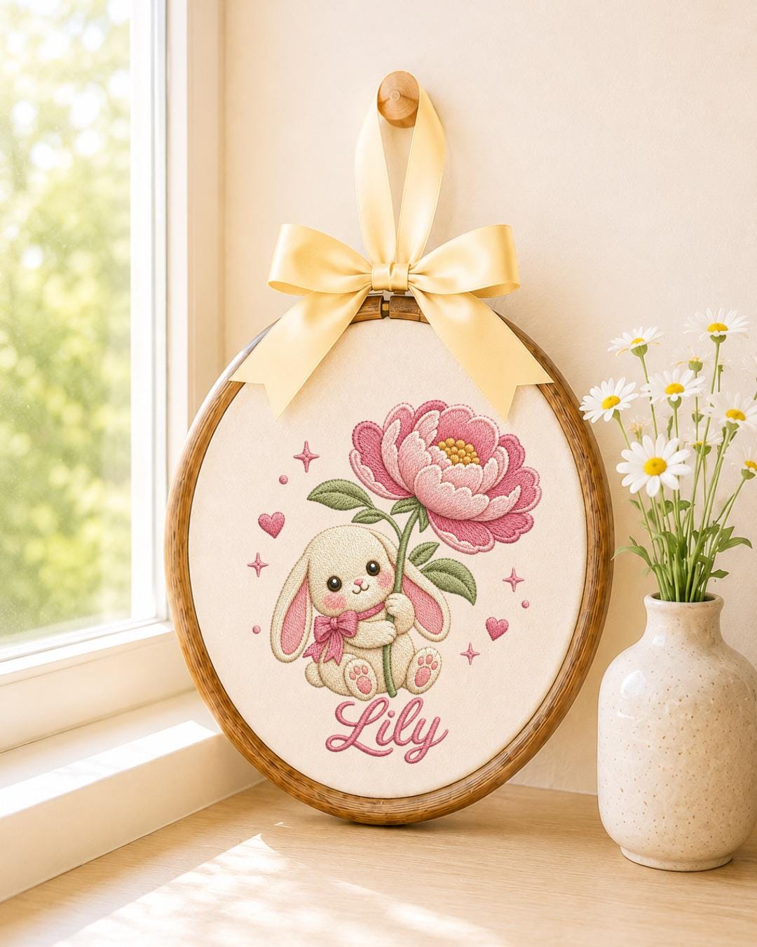 Personalized Bunny Flower Embroidered Ornament, Custom Baby Name Hoop, Pink Floral Rabbit Nursery Decor, Baby Girl Gift, Newborn Keepsake