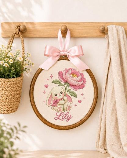 Personalized Bunny Flower Embroidered Ornament, Custom Baby Name Hoop, Pink Floral Rabbit Nursery Decor, Baby Girl Gift, Newborn Keepsake