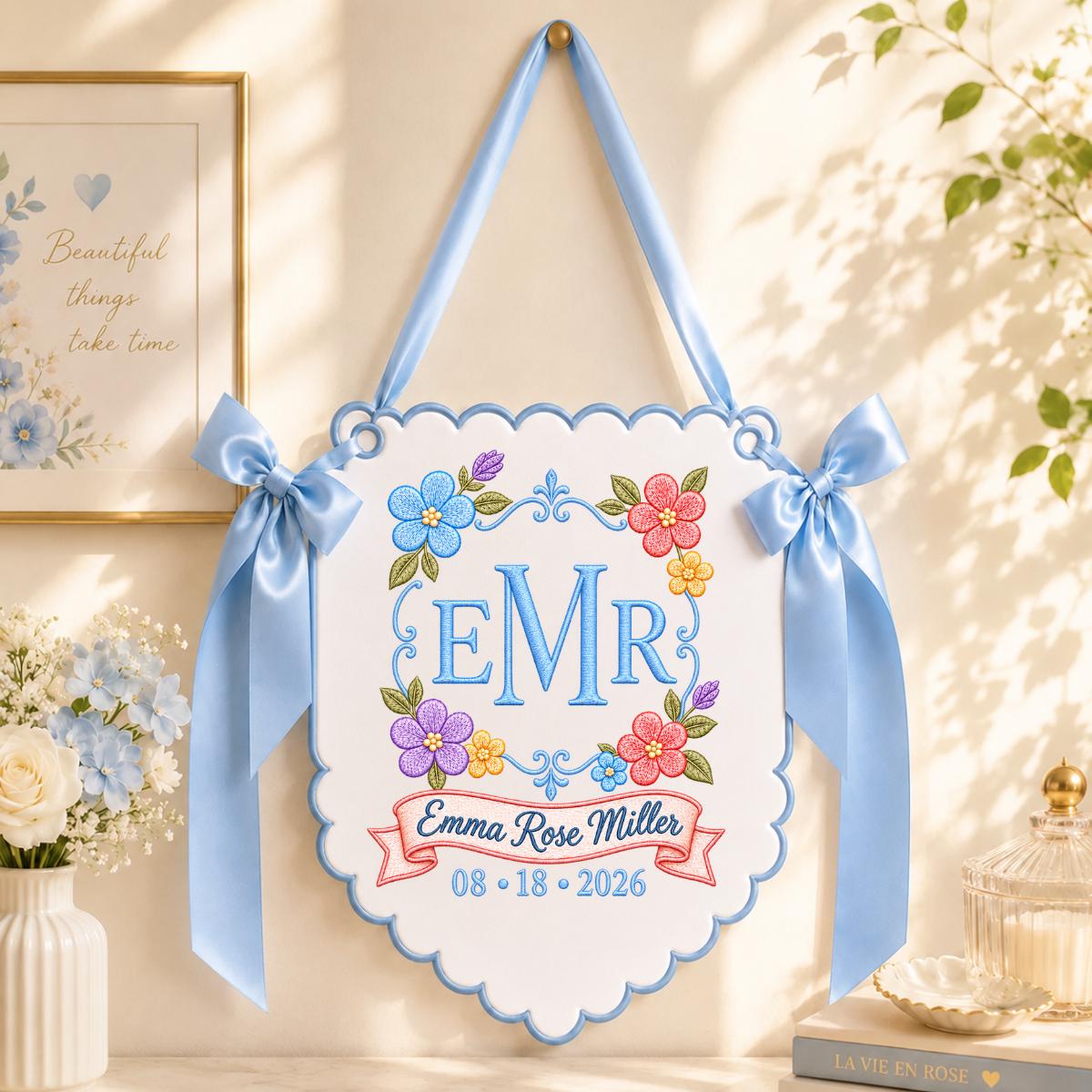 Personalized Monogram Bow Banner, Custom Name and Date Wall Hanging, Floral Wedding Decor, Scalloped Ribbon Ornament, Bridal Shower Gift
