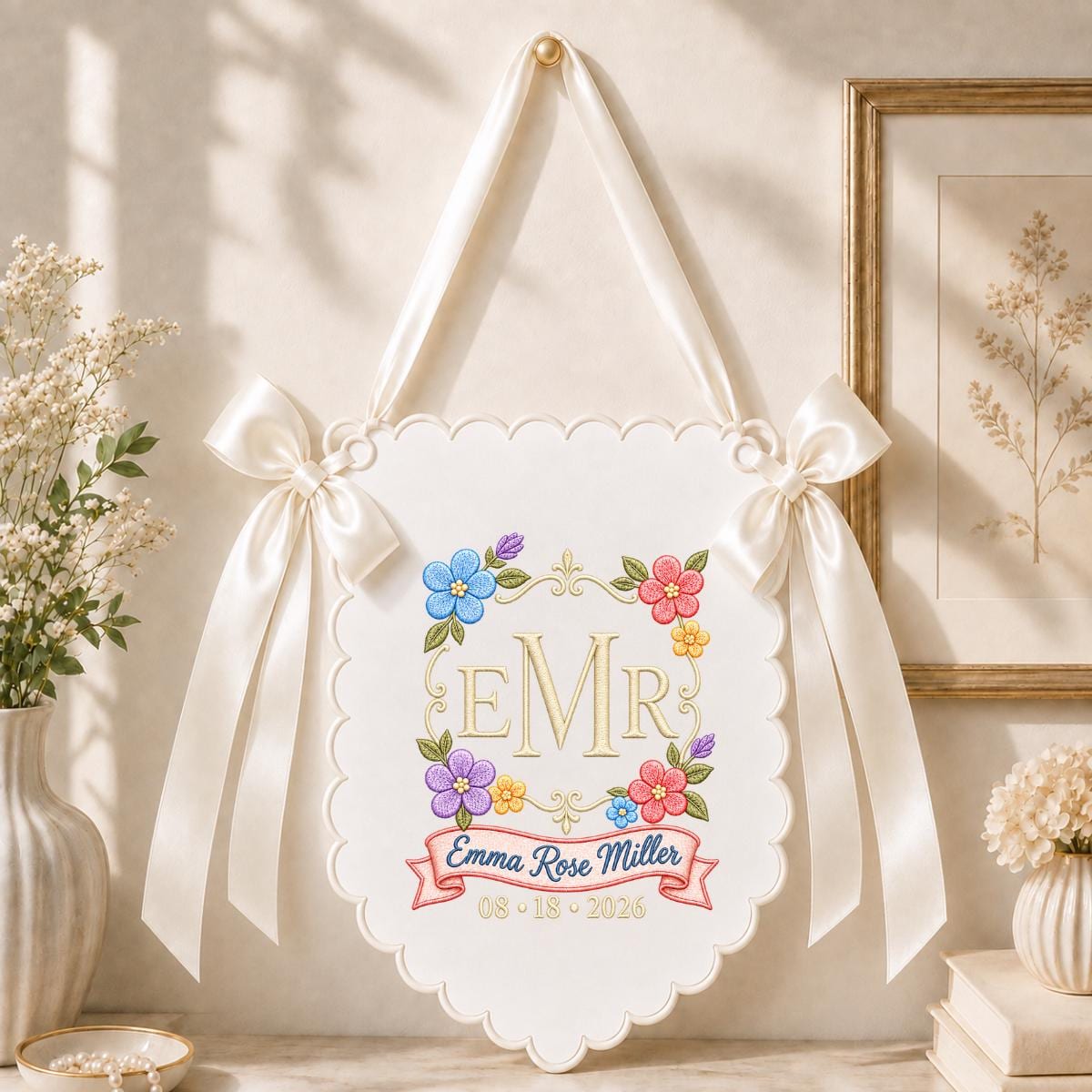 Personalized Monogram Bow Banner, Custom Name and Date Wall Hanging, Floral Wedding Decor, Scalloped Ribbon Ornament, Bridal Shower Gift