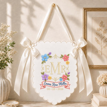 Personalized Monogram Bow Banner, Custom Name and Date Wall Hanging, Floral Wedding Decor, Scalloped Ribbon Ornament, Bridal Shower Gift