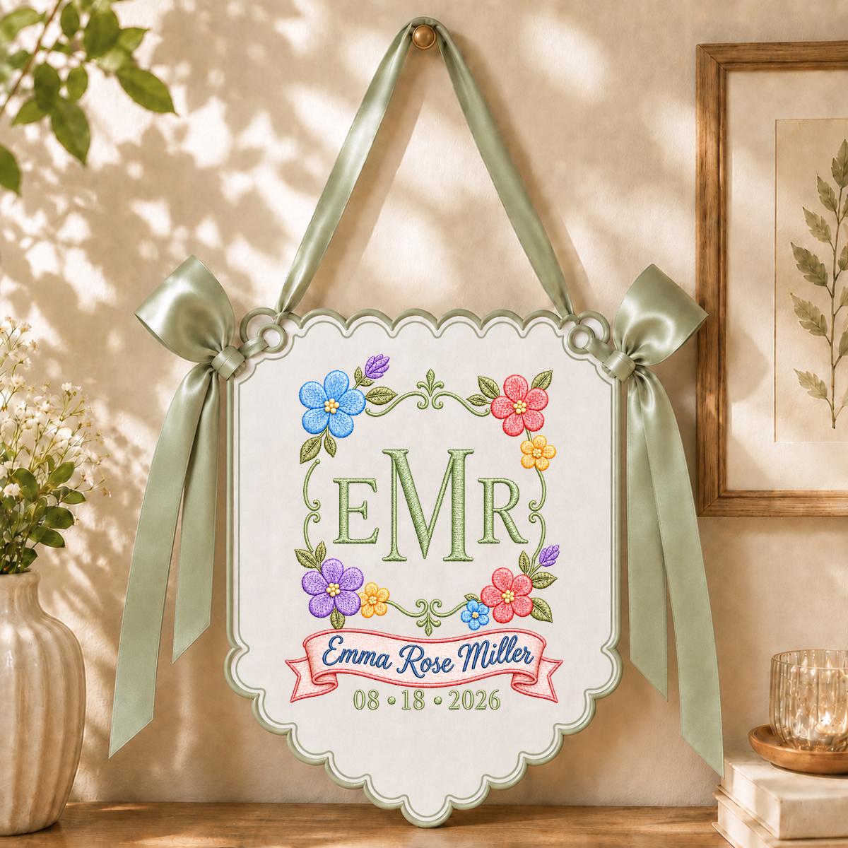 Personalized Monogram Bow Banner, Custom Name and Date Wall Hanging, Floral Wedding Decor, Scalloped Ribbon Ornament, Bridal Shower Gift