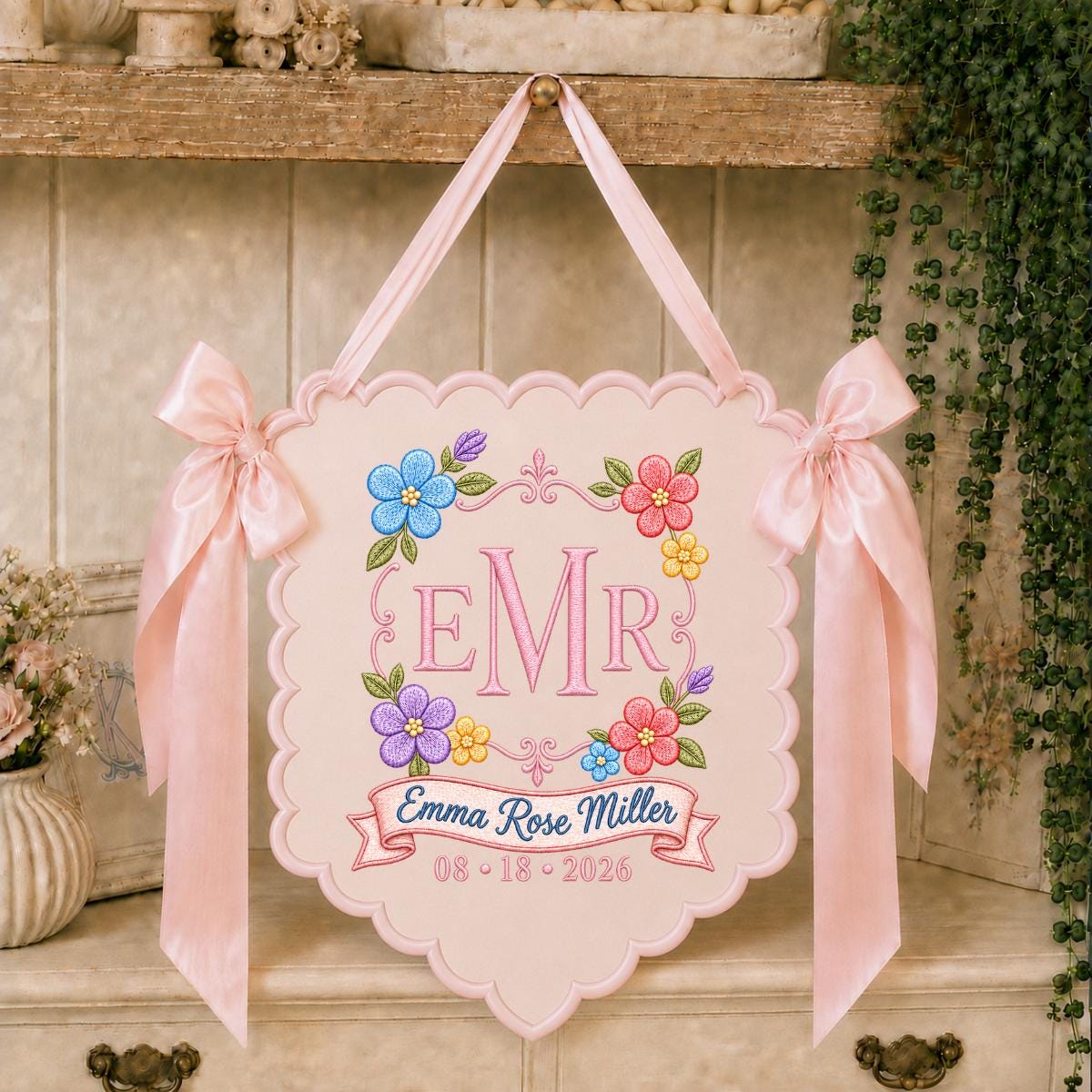 Personalized Monogram Bow Banner, Custom Name and Date Wall Hanging, Floral Wedding Decor, Scalloped Ribbon Ornament, Bridal Shower Gift