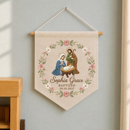 Personalized Baptism Embroidered Banner, Holy Family Wall Hanging, Custom Christening Name Sign, Catholic Baby Baptism Gift
