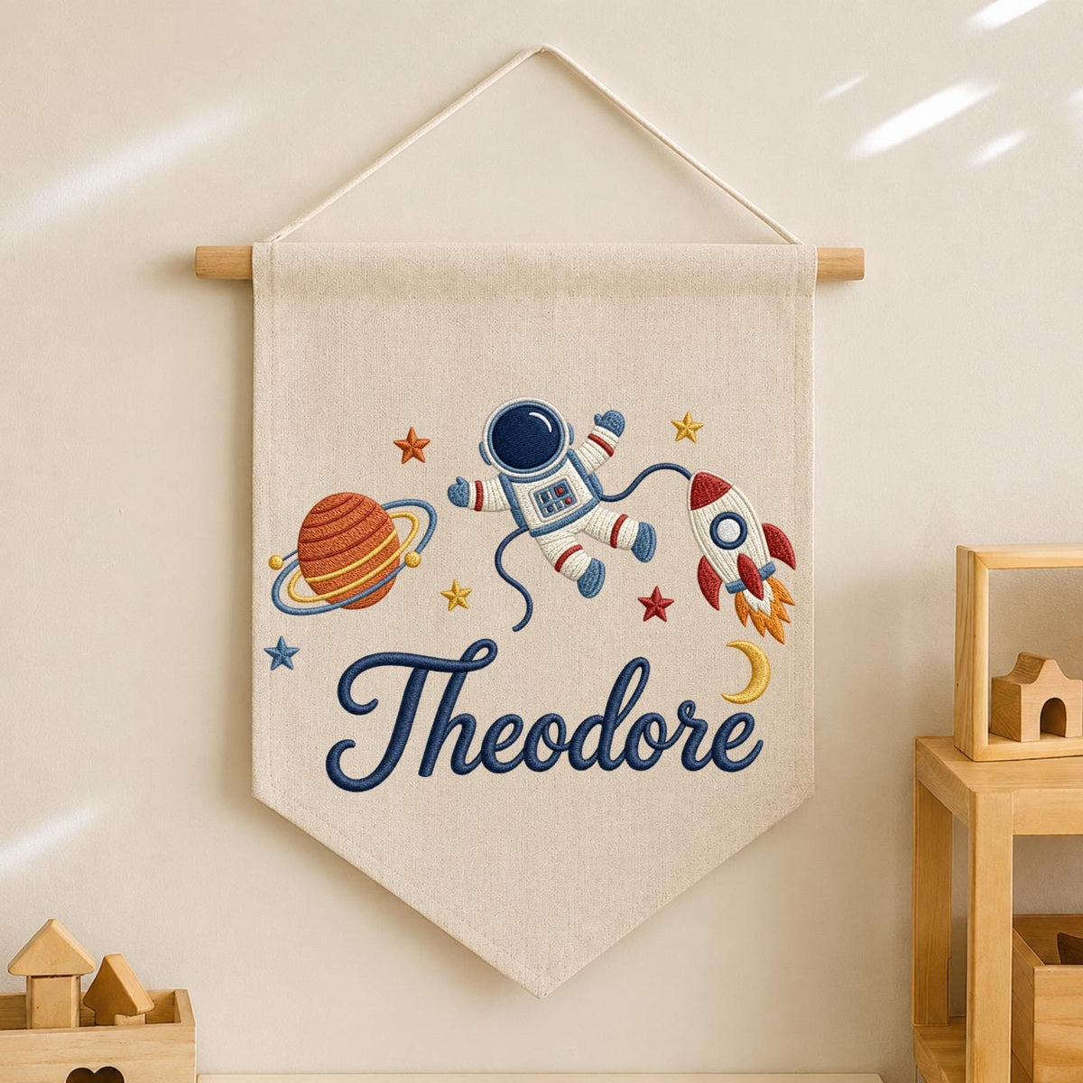 Personalized Space Embroidered Baby Name Banner, Astronaut Nursery Wall Hanging, Rocket Baby Boy Name Sign, Space Nursery Decor Gift