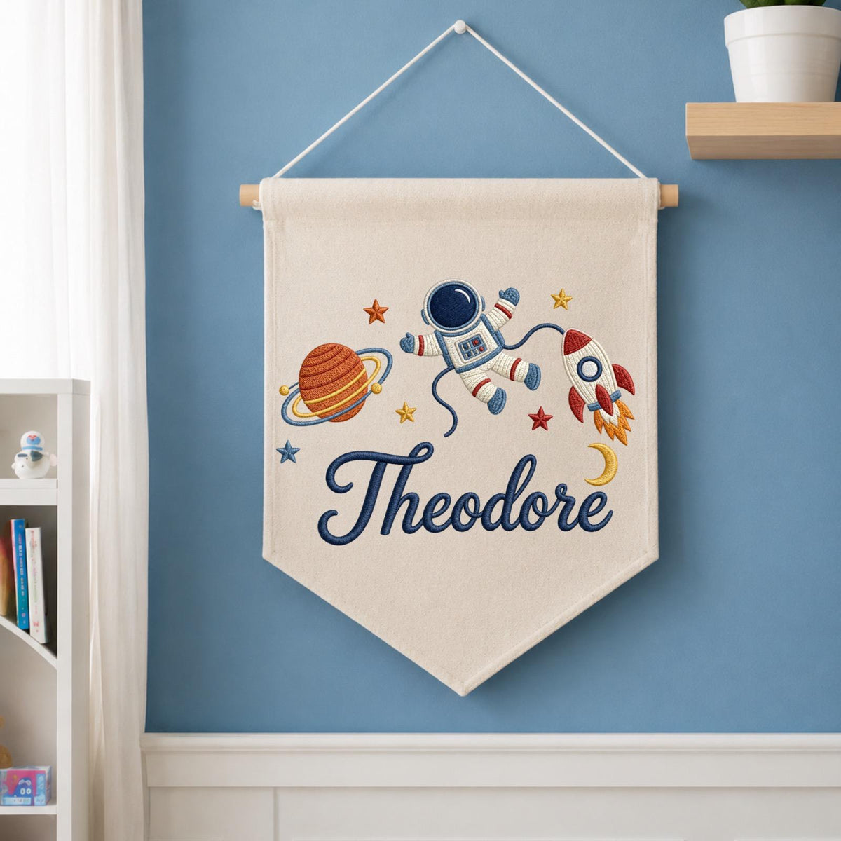 Personalized Space Embroidered Baby Name Banner, Astronaut Nursery Wall Hanging, Rocket Baby Boy Name Sign, Space Nursery Decor Gift