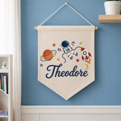 Personalized Space Embroidered Baby Name Banner, Astronaut Nursery Wall Hanging, Rocket Baby Boy Name Sign, Space Nursery Decor Gift