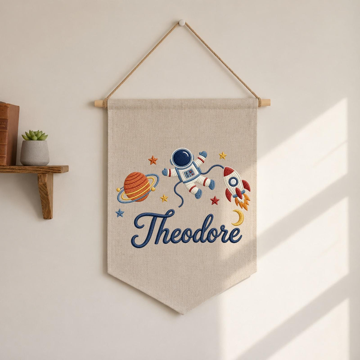 Personalized Space Embroidered Baby Name Banner, Astronaut Nursery Wall Hanging, Rocket Baby Boy Name Sign, Space Nursery Decor Gift