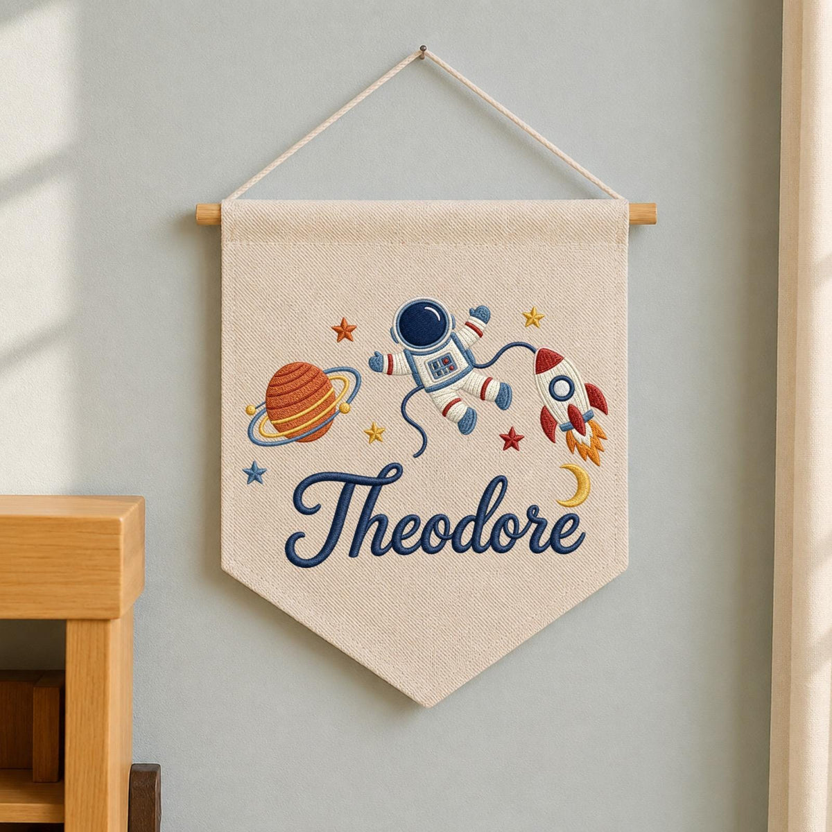 Personalized Space Embroidered Baby Name Banner, Astronaut Nursery Wall Hanging, Rocket Baby Boy Name Sign, Space Nursery Decor Gift