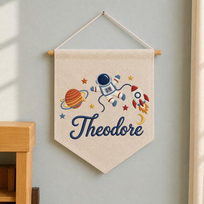Personalized Space Embroidered Baby Name Banner, Astronaut Nursery Wall Hanging, Rocket Baby Boy Name Sign, Space Nursery Decor Gift