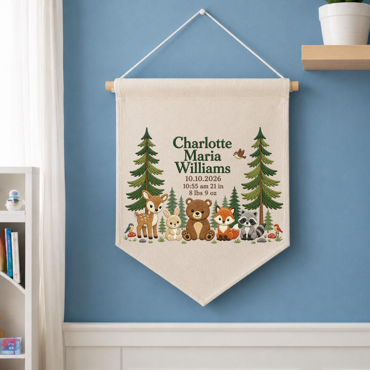 Personalized Woodland Birth Announcement Embroidered Banner, Forest Animal Baby Name Sign, Custom Nursery Wall Hanging, Newborn Gift