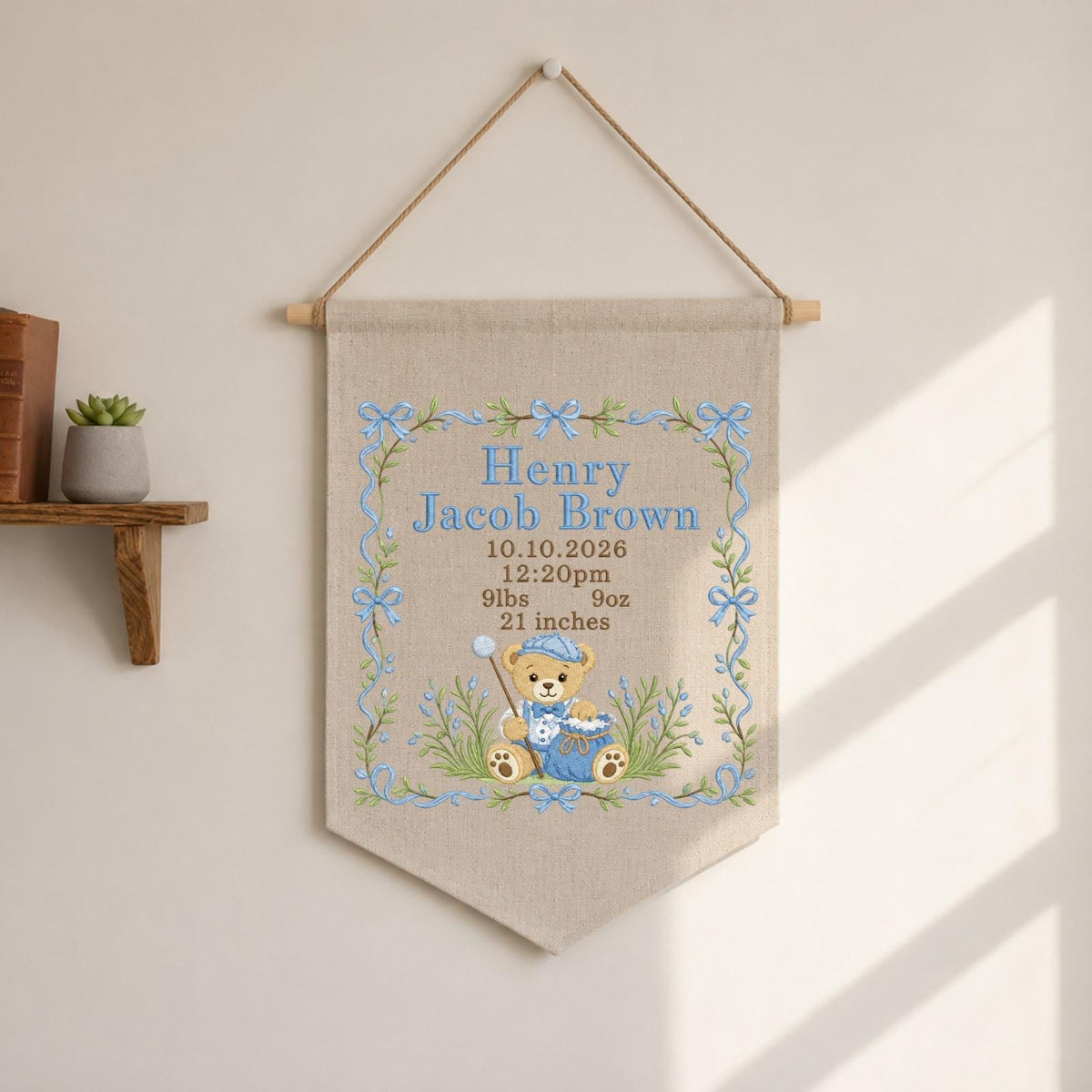 Personalized Teddy Bear Birth Announcement Embroidered Banner, Baby Boy Name Sign, Blue Nursery Wall Decor, Custom Newborn Keepsake Gift