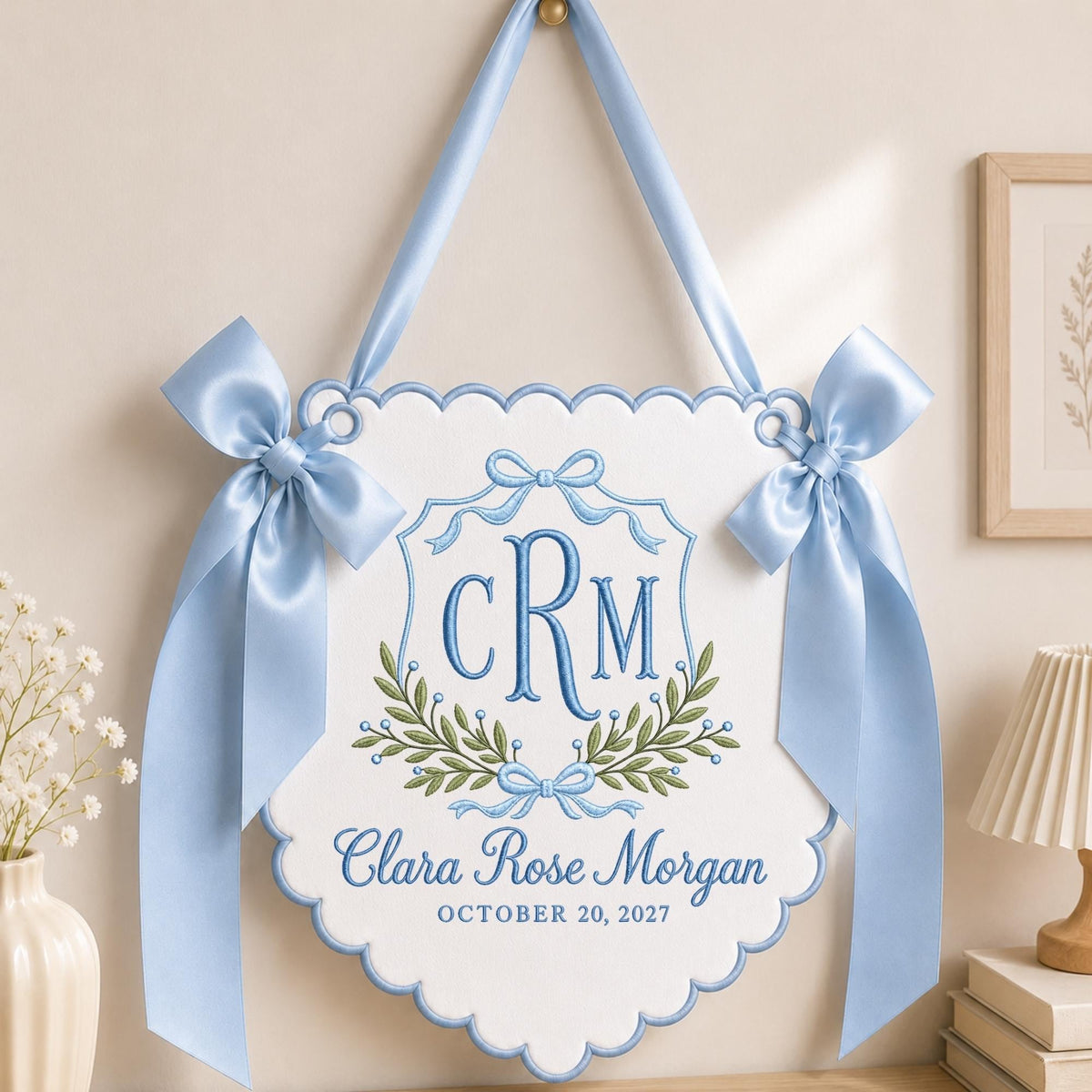 Sky blue embroidered personalized name and monogram banner