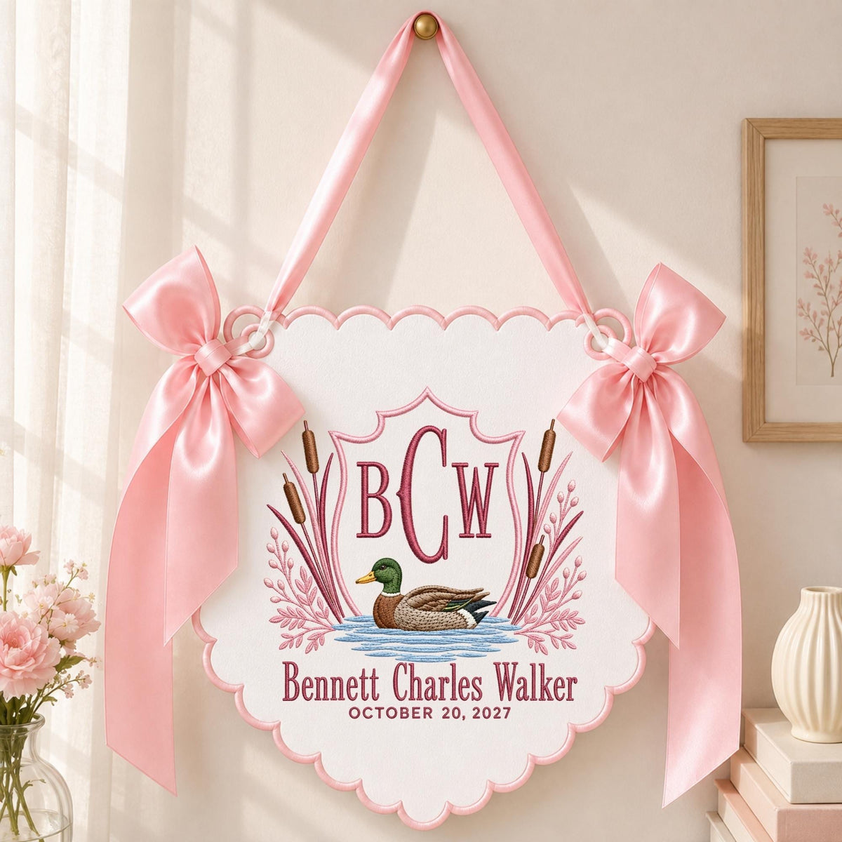 Baby pink embroidered mallard duck monogram baby banner