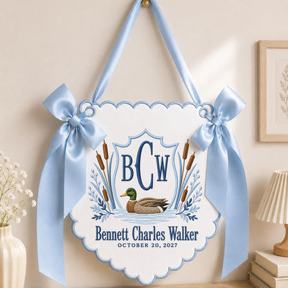 Sky blue embroidered mallard duck monogram baby banner