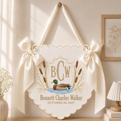 Ivory embroidered mallard duck monogram baby banner
