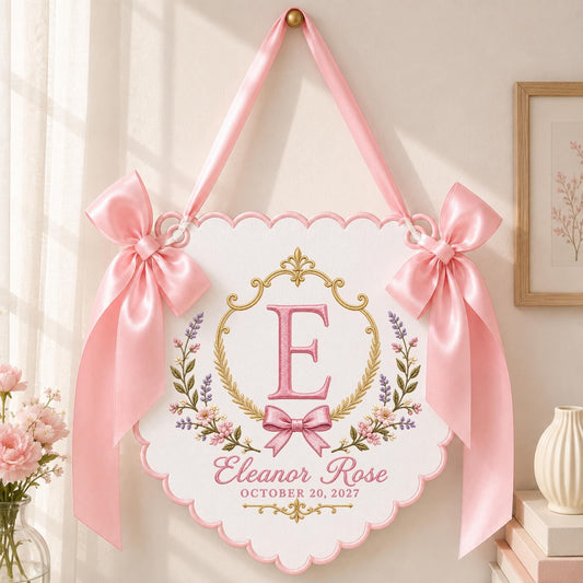 May include: A white scalloped wall hanging featuring a pink embroidered letter E inside a gold filigree frame, surrounded by floral sprigs. The text reads Eleanor Rose and October 20, 2027. It is suspended by a pink satin ribbon with two large bows.