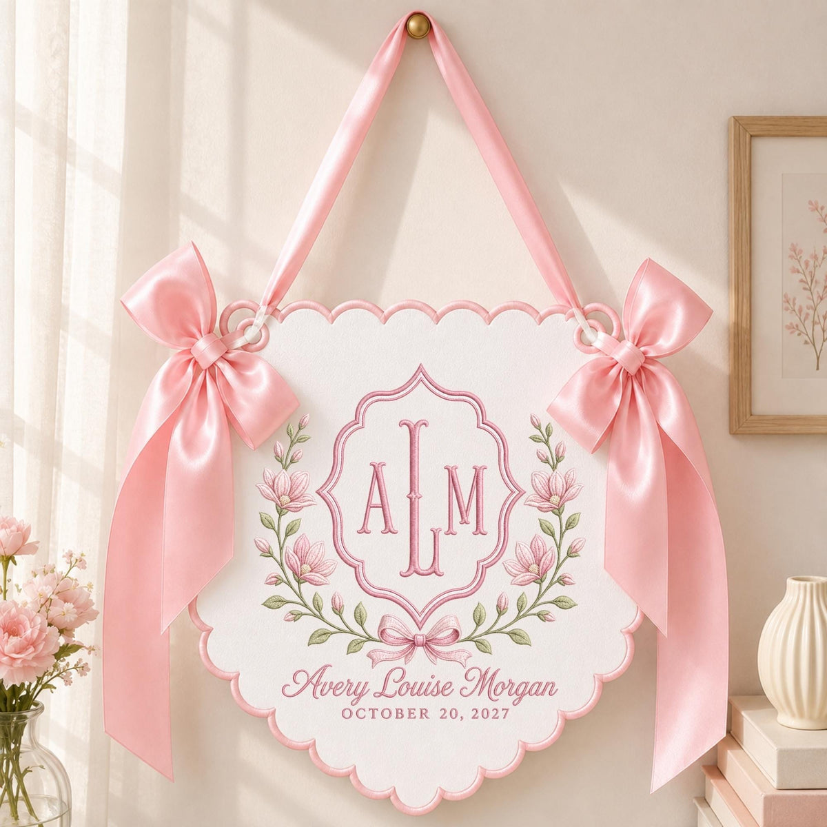 May include: A white scalloped wall hanging featuring a pink embroidered monogram ALM, floral wreath, and the text Avery Louise Morgan October 20, 2027. The sign is suspended by a pink satin ribbon and decorated with two large pink satin bows on each side.