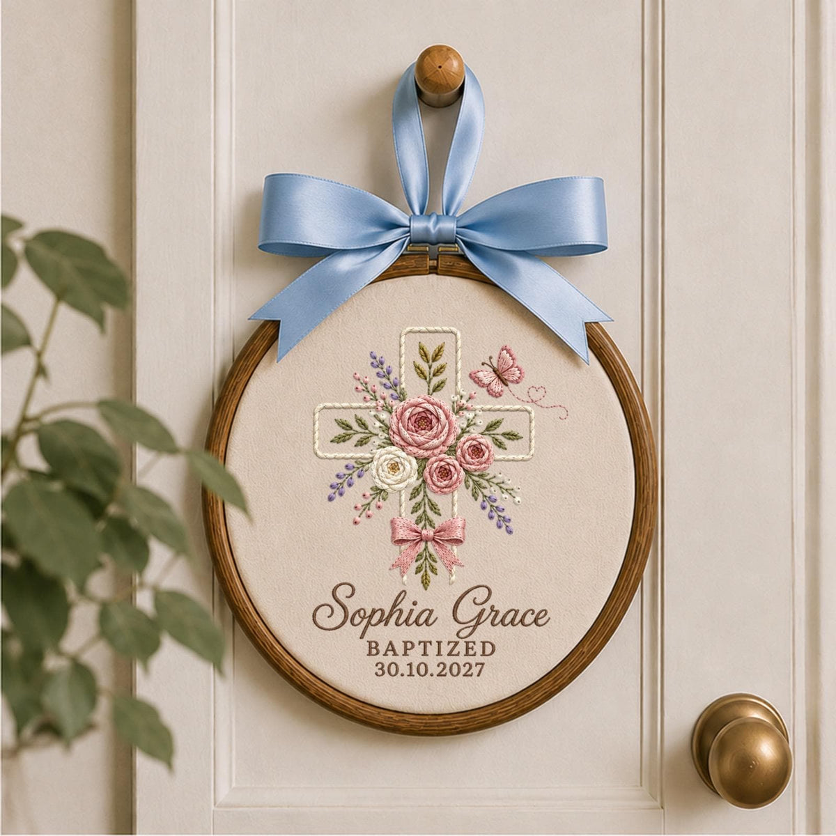 Personalized Baptism Cross Embroidered Ornament, Custom Baby Name Christening Keepsake, Floral Christian Gift, Baptized Baby Girl Decor