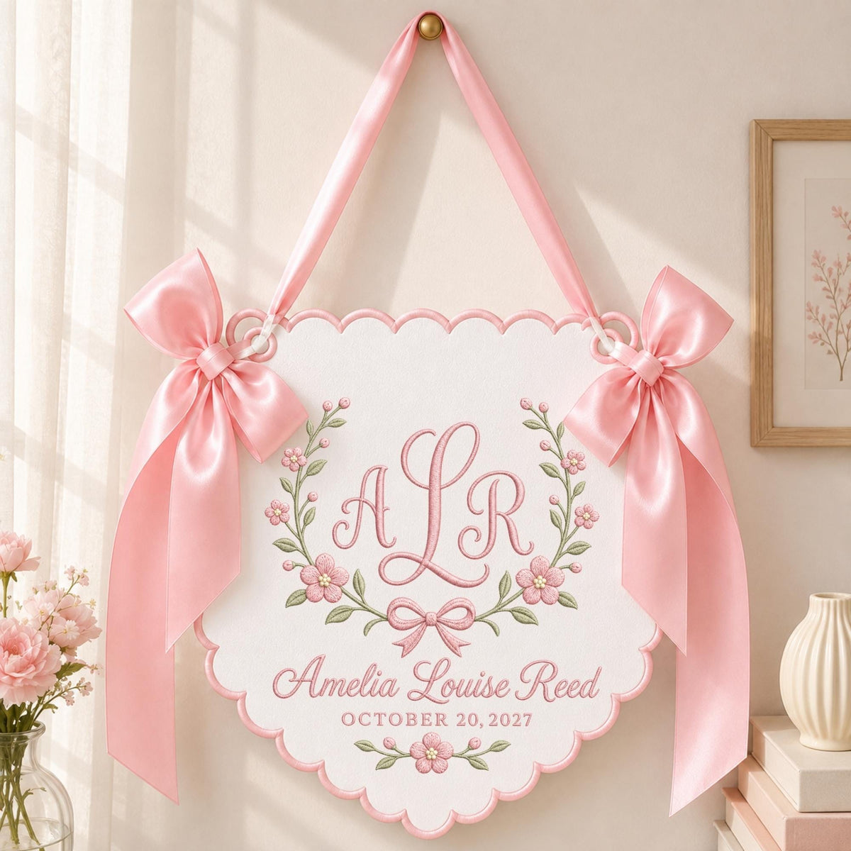 May include: A white scalloped wall hanging featuring pink embroidered floral wreaths, a central monogram with the letters ALR, and the text Amelia Louise Reed OCTOBER 20, 2027. The sign is suspended by a pink satin ribbon with large side bows.