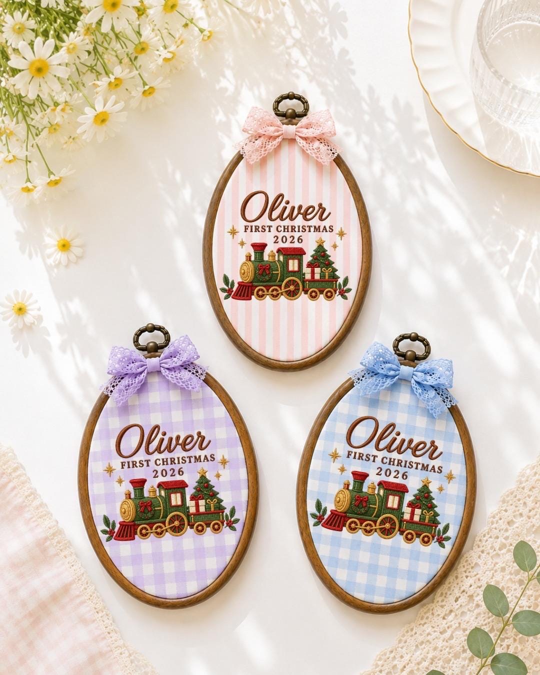 Personalized First Christmas Embroidered Ornament, Custom Baby Name Christmas Gift, Train Christmas Ornament, Baby First Christmas Keepsake