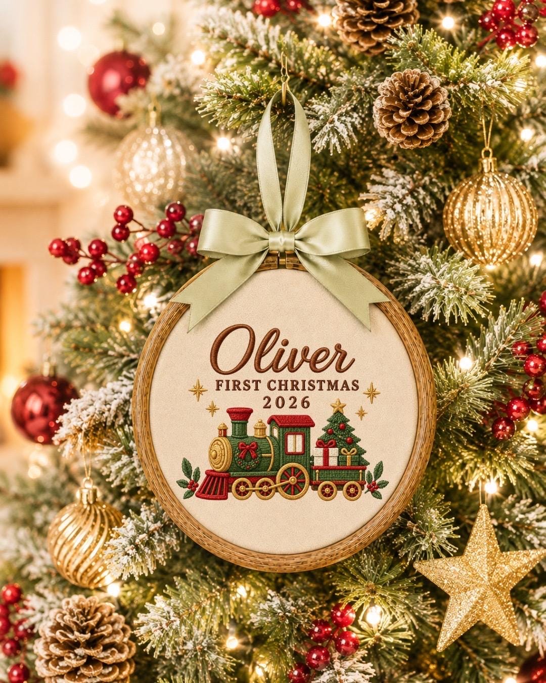 Personalized First Christmas Embroidered Ornament, Custom Baby Name Christmas Gift, Train Christmas Ornament, Baby First Christmas Keepsake
