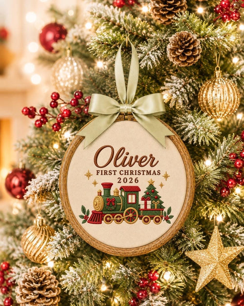 Personalized First Christmas Embroidered Ornament, Custom Baby Name Christmas Gift, Train Christmas Ornament, Baby First Christmas Keepsake