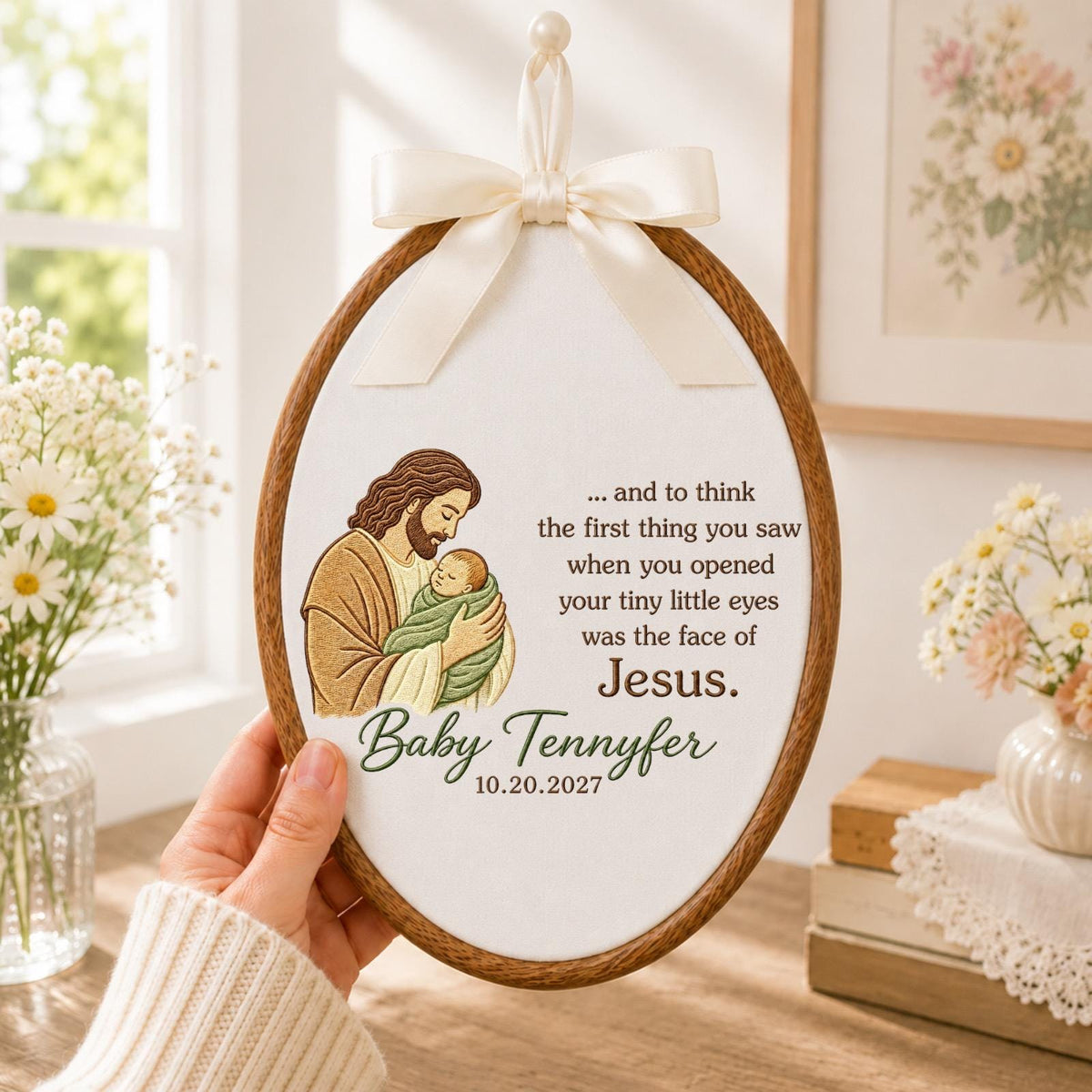 Personalized Baby Memorial Embroidered Ornament, Jesus Holding Baby Keepsake, Infant Loss Memorial Gift, Christian Sympathy Ornament