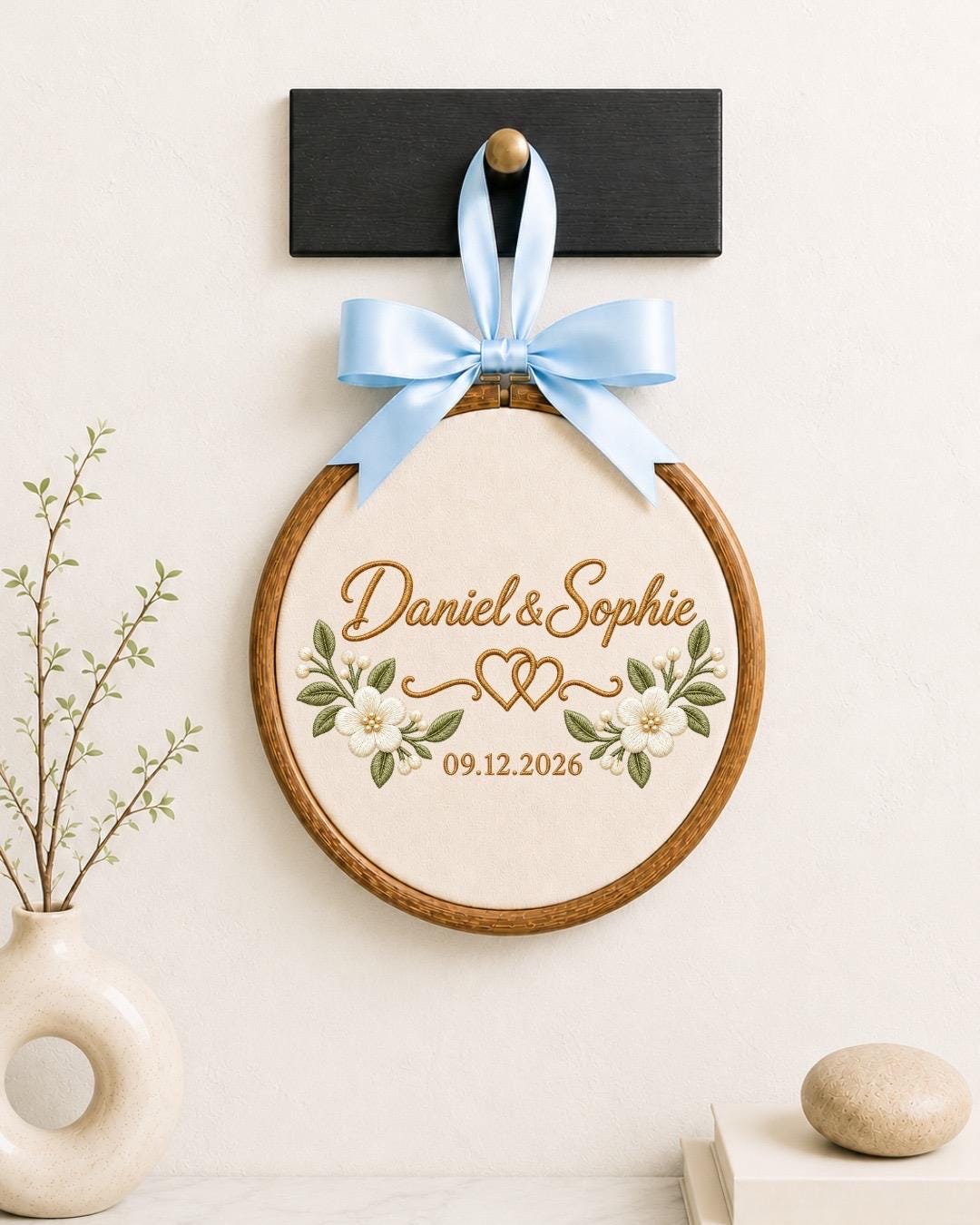 Personalized Wedding Embroidered Ornament, Custom Couple Name Hoop, Wedding Date Keepsake, Floral Anniversary Gift, Newlywed Ornament