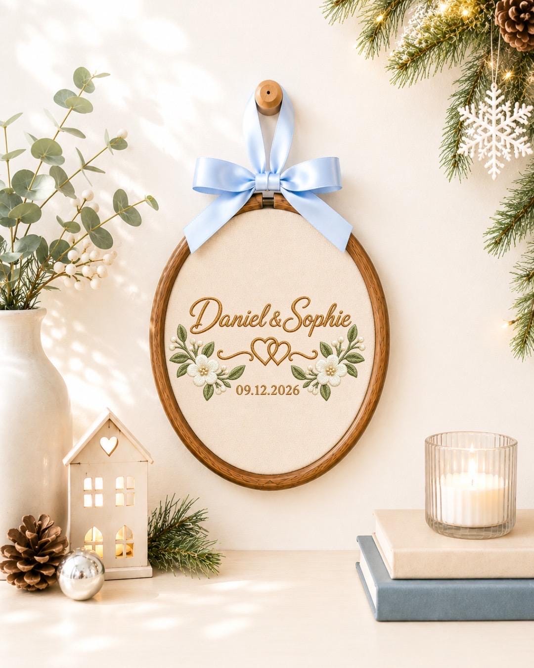 Personalized Wedding Embroidered Ornament, Custom Couple Name Hoop, Wedding Date Keepsake, Floral Anniversary Gift, Newlywed Ornament