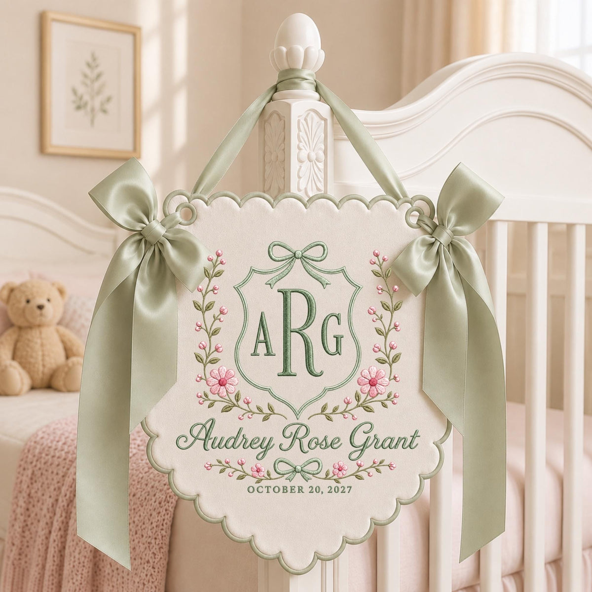 Sage green embroidered floral crest monogram baby banner