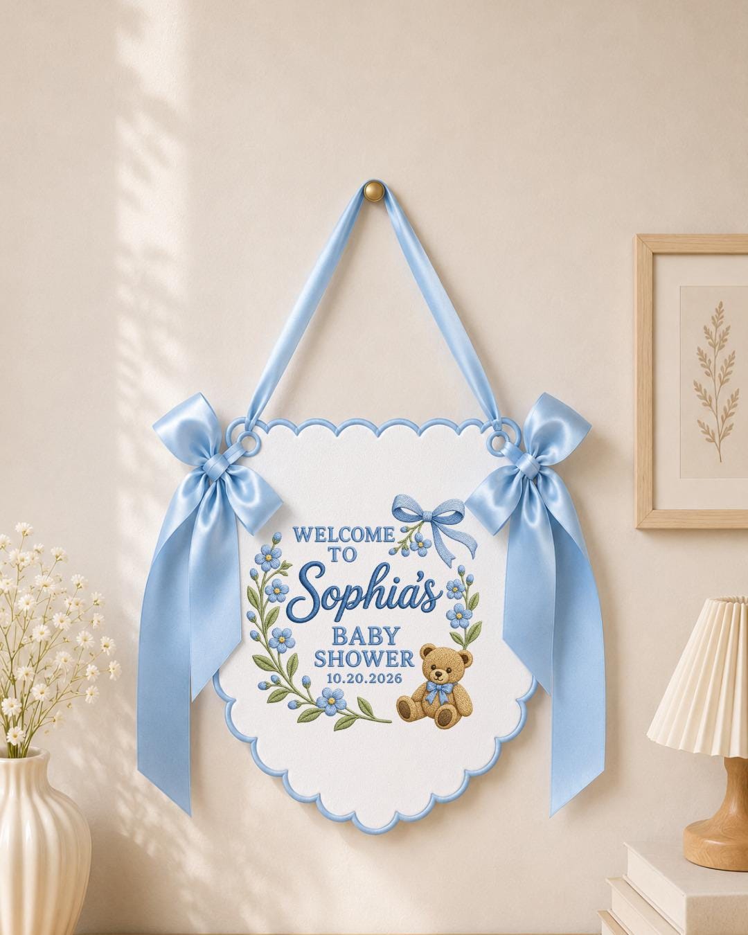 Personalized Embroidered Baby Shower Banner, Custom Welcome Baby Shower Sign, Floral Teddy Bear Decor, Baby Girl Party Wall Hanging