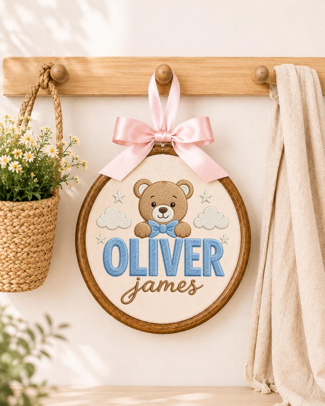 Personalized Teddy Bear Embroidered Ornament, Custom Baby Name Hoop, Baby Boy Nursery Decor, Newborn Keepsake, Baby Shower Gift