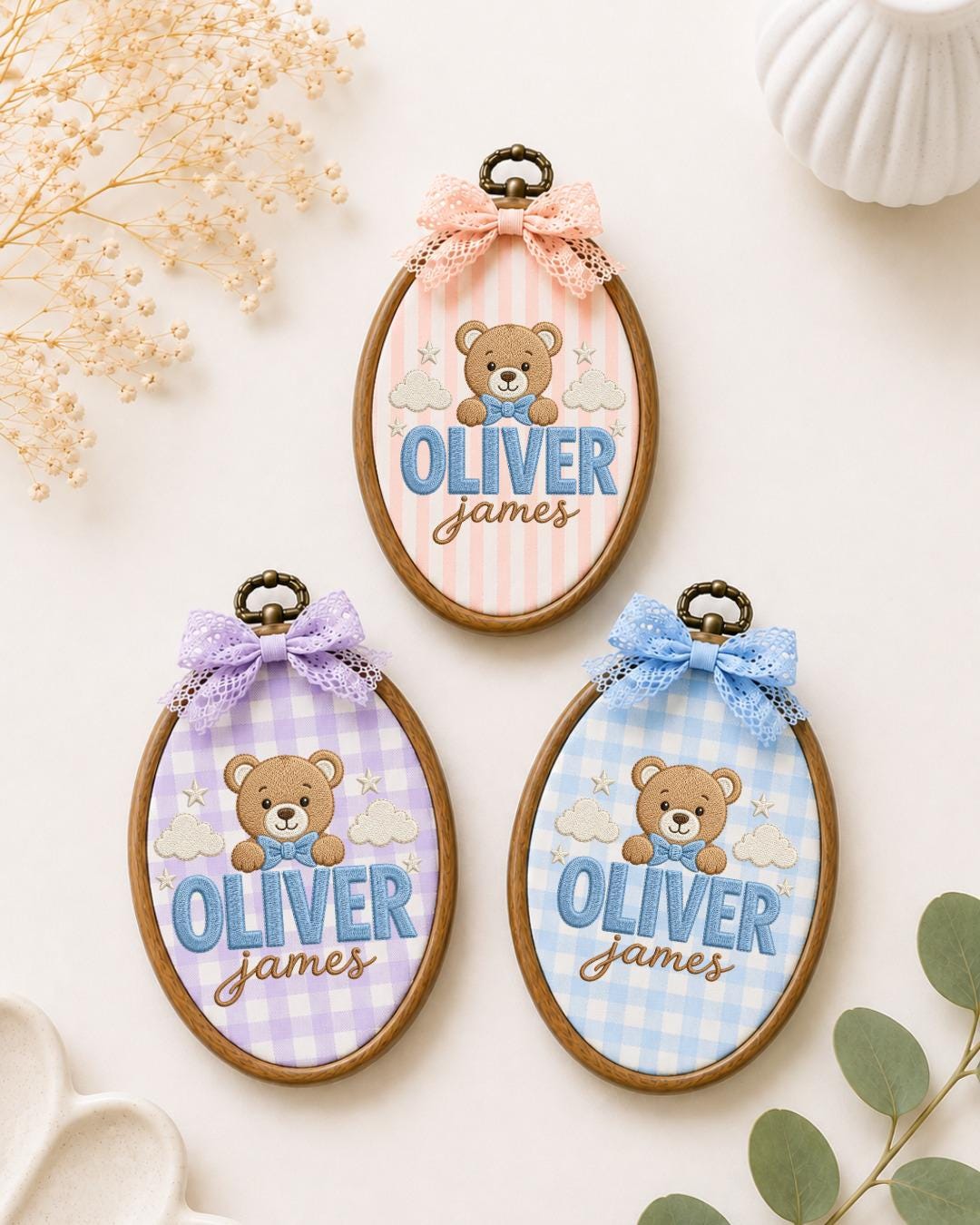 Personalized Teddy Bear Embroidered Ornament, Custom Baby Name Hoop, Baby Boy Nursery Decor, Newborn Keepsake, Baby Shower Gift