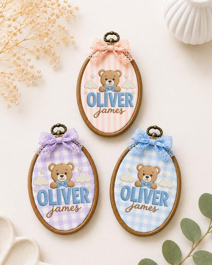 Personalized Teddy Bear Embroidered Ornament, Custom Baby Name Hoop, Baby Boy Nursery Decor, Newborn Keepsake, Baby Shower Gift