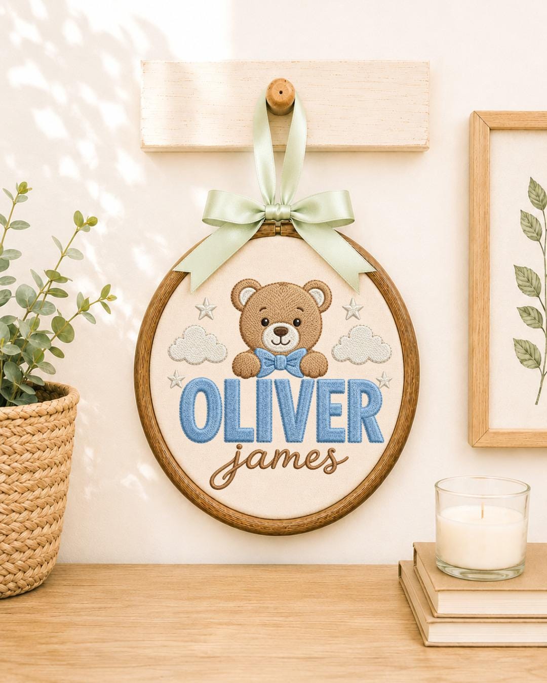 Personalized Teddy Bear Embroidered Ornament, Custom Baby Name Hoop, Baby Boy Nursery Decor, Newborn Keepsake, Baby Shower Gift