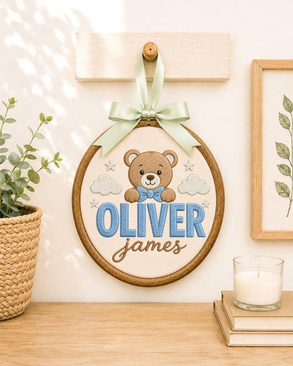 Personalized Teddy Bear Embroidered Ornament, Custom Baby Name Hoop, Baby Boy Nursery Decor, Newborn Keepsake, Baby Shower Gift